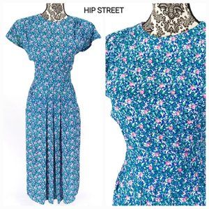 KARIN STEVENS Vintage 80s Flutter Sleeve High Waist Floral Midi Dress 8